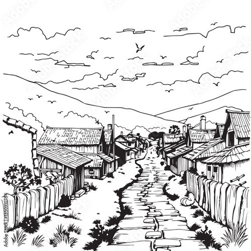 Continuous one black line art drawing village life vector design illustration.