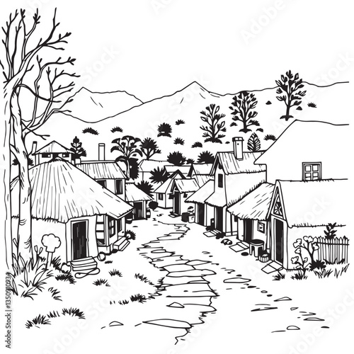 Continuous one black line art drawing village life vector design illustration.