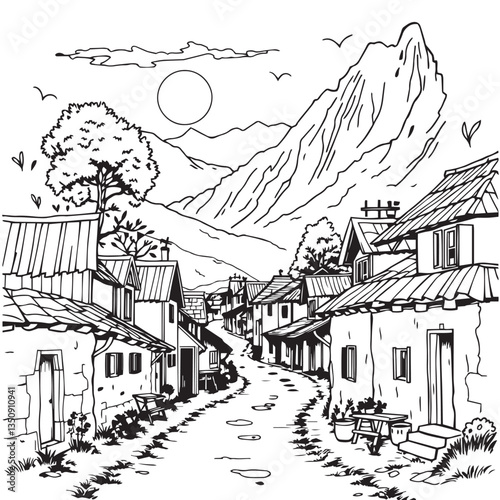 Continuous one black line art drawing village life vector design illustration.
