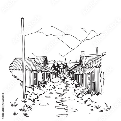 Continuous one black line art drawing village life vector design illustration.