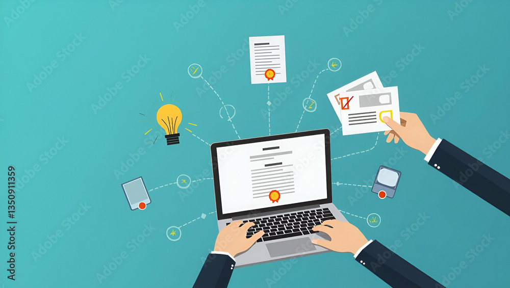 Flat Concept Illustration of Certificate and Compliance Documentation: Professional with Laptop and Digital Certificate Icon for Online Validation and Quality Assurance in a Cute Vector Style Flat Concept Illustration of Certificate and Compliance Documentation: Professional with Laptop and Digital Certificate Icon for Online Validation and Quality Assurance in a Cute Vector Style