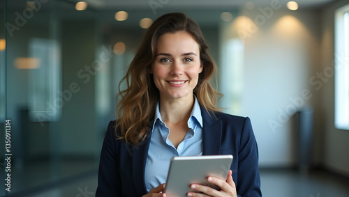 Flat Mature businesswoman bank manager with tablet in office reflecting forward thinking strategy leadership and innovation. concept as Self assured presence underscores operational effectiveness. Sea