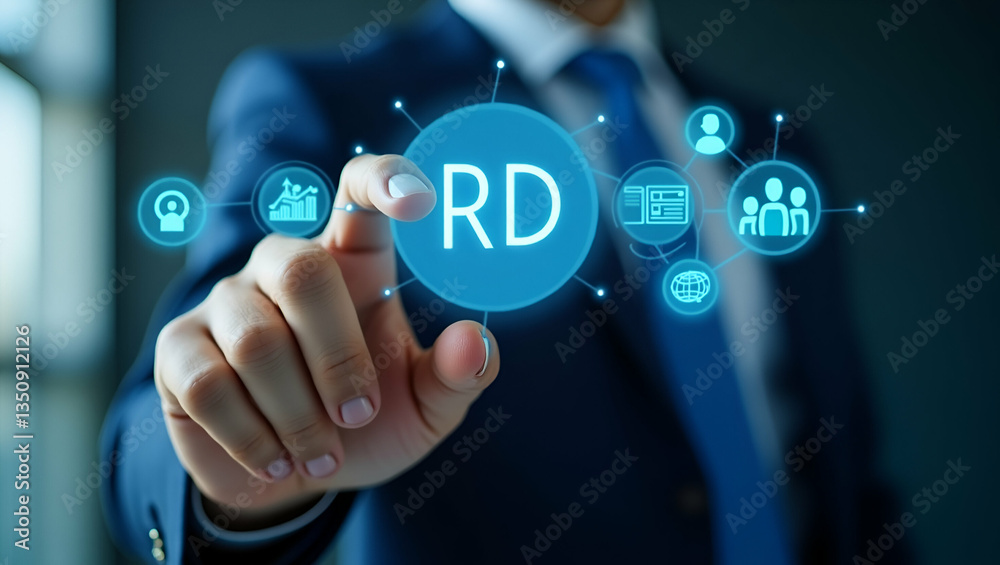 Businessman Engaging with R&D Icons on Digital Interface: A Visual Concept of Innovation Technology and Human Resources for Strategic Growth - Stock Photo with Empty Space for Customization Businessman Engaging with R&D Icons on Digital Interface: A Visual Concept of Innovation Technology and Human Resources for Strategic Growth - Stock Photo with Empty Space for Customization