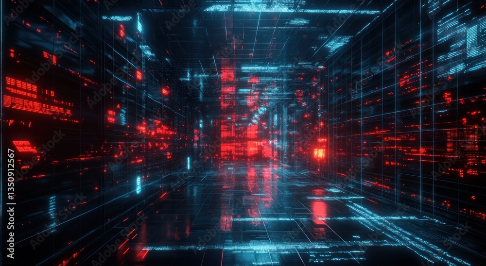 A futuristic digital tunnel filled with data and glowing lights A futuristic digital tunnel filled with data and glowing lights