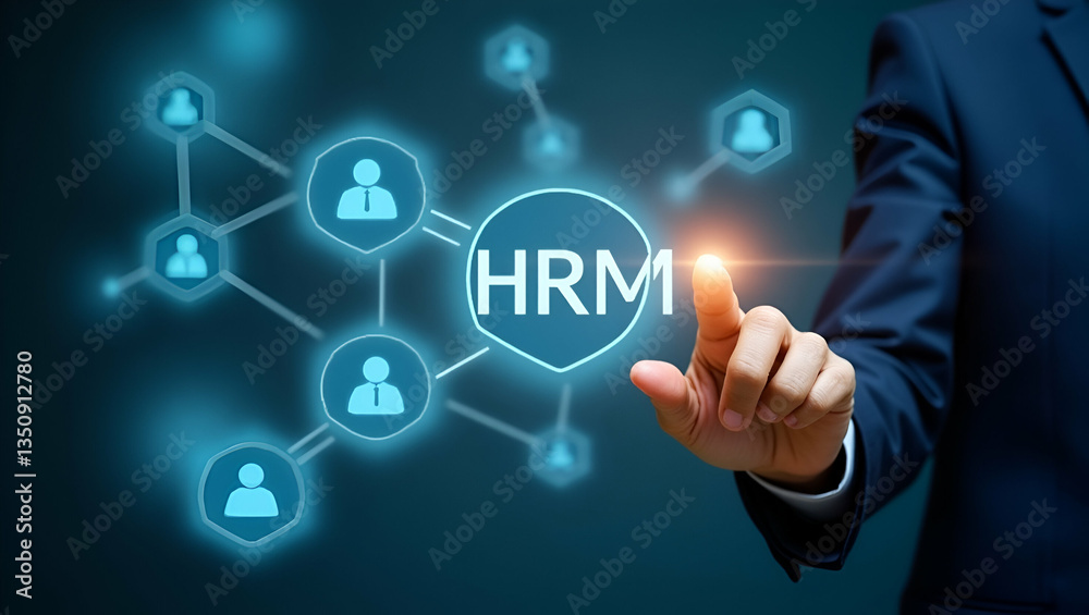 Innovative Hand Interaction with Holographic HRM Interface: Exploring Employee Recruitment, Talent Management, and Selection Icons in Human Resource Management Strategies - Stock Photo Concept Innovative Hand Interaction with Holographic HRM Interface: Exploring Employee Recruitment, Talent Management, and Selection Icons in Human Resource Management Strategies - Stock Photo Concept