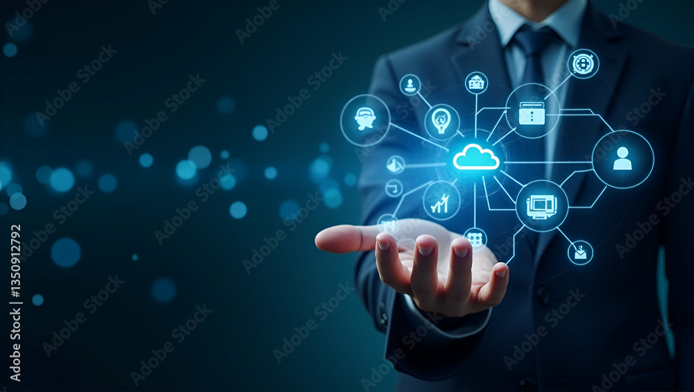 Revolutionizing Business Processes: Hand Interacting with Holographic SAP System Interface Showcasing AI Integration and Cloud Computing Solutions in Modern Enterprises Revolutionizing Business Processes: Hand Interacting with Holographic SAP System Interface Showcasing AI Integration and Cloud Computing Solutions in Modern Enterprises