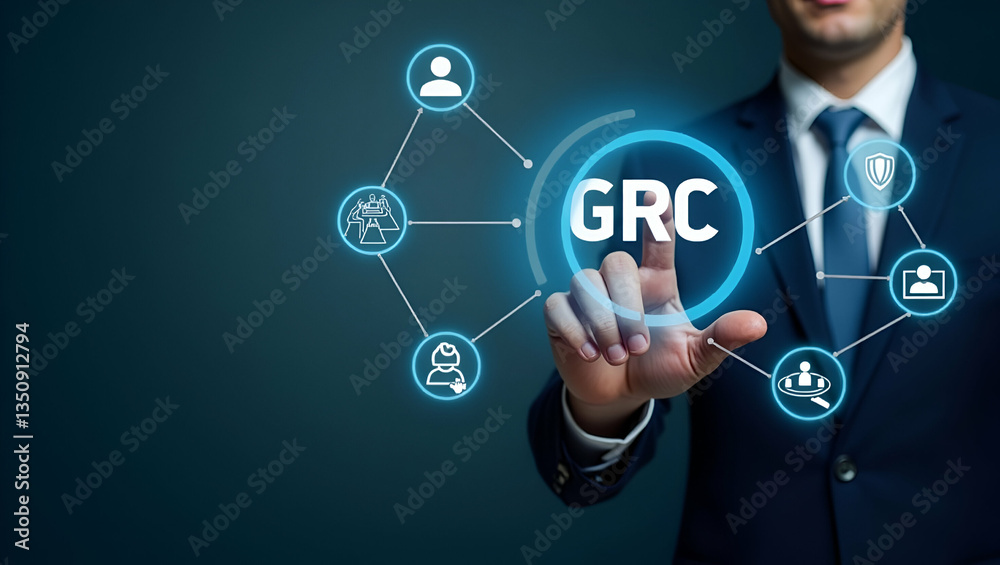 Businessman interacts with GRC icons on digital interface representing governance risk management compliance and business ethics in organizational management. concept as Businessman interacts with GRC Businessman interacts with GRC icons on digital interface representing governance risk management compliance and business ethics in organizational management. concept as Businessman interacts with GRC