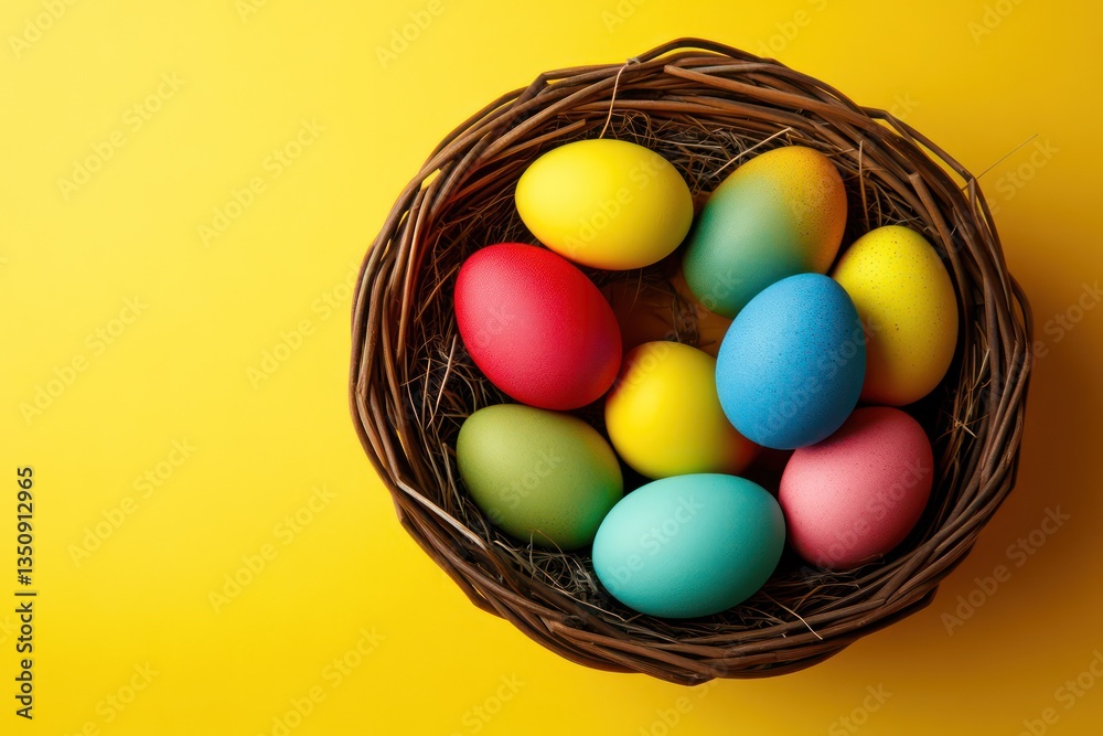 Naklejka premium Colorful Easter eggs in nest, yellow background, spring holiday