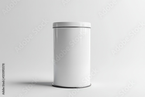 A white metallic container standing upright on a light surface