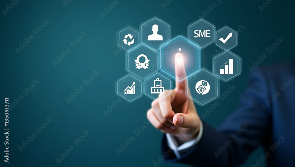 Flat Hand Pointing at Holographic SME Business Growth Icons: A Cute Vector Illustration Representing Growth Strategies and Success for Small and Medium Enterprises in a Smart Business Tone Flat Hand Pointing at Holographic SME Business Growth Icons: A Cute Vector Illustration Representing Growth Strategies and Success for Small and Medium Enterprises in a Smart Business Tone