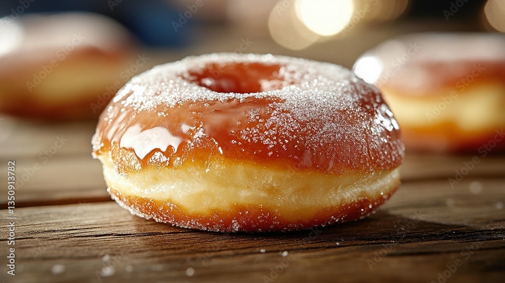 Close-up of a glazed donut with powdered sugar, on a wooden table. Close-up of a glazed donut with powdered sugar, on a wooden table.