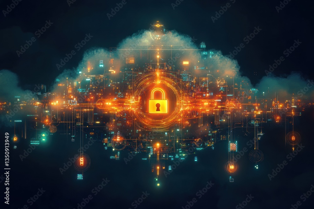 Fototapeta premium A digital cityscape secured by a prominent illuminated padlock symbol
