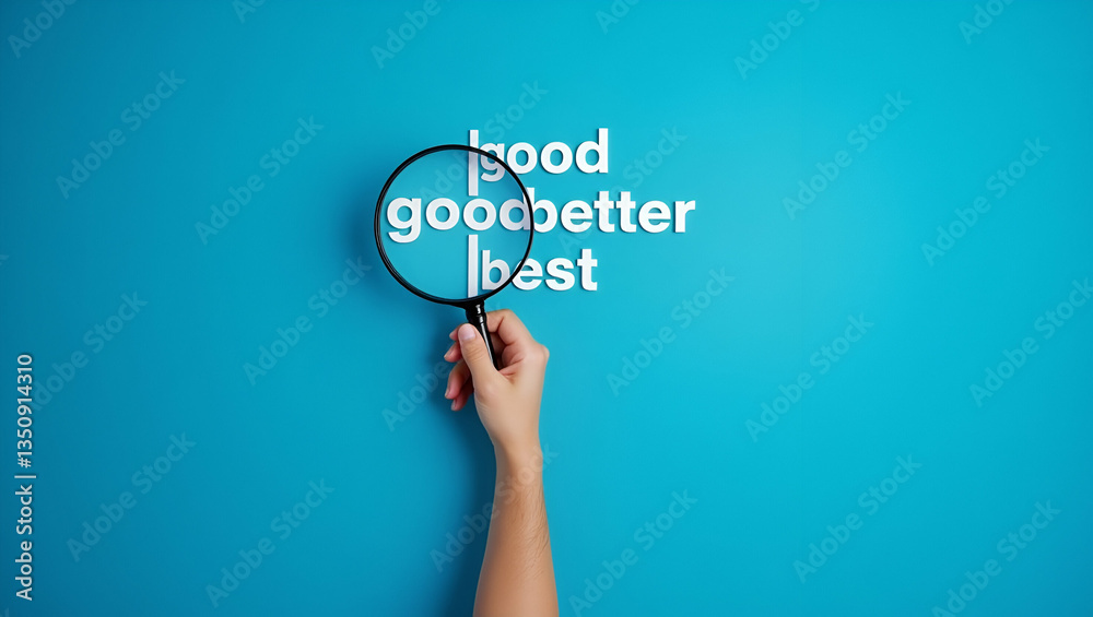 Hand with Magnifying Glass Highlighting 'Best' in Good, Better, Best Sequence on Blue Background - Concept of Improvement and Quality in Stock Photo with Empty Space Hand with Magnifying Glass Highlighting 'Best' in Good, Better, Best Sequence on Blue Background - Concept of Improvement and Quality in Stock Photo with Empty Space