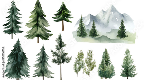 A set of watercolor forest clip art, featuring various trees and mountains in green tones against white backgrounds.