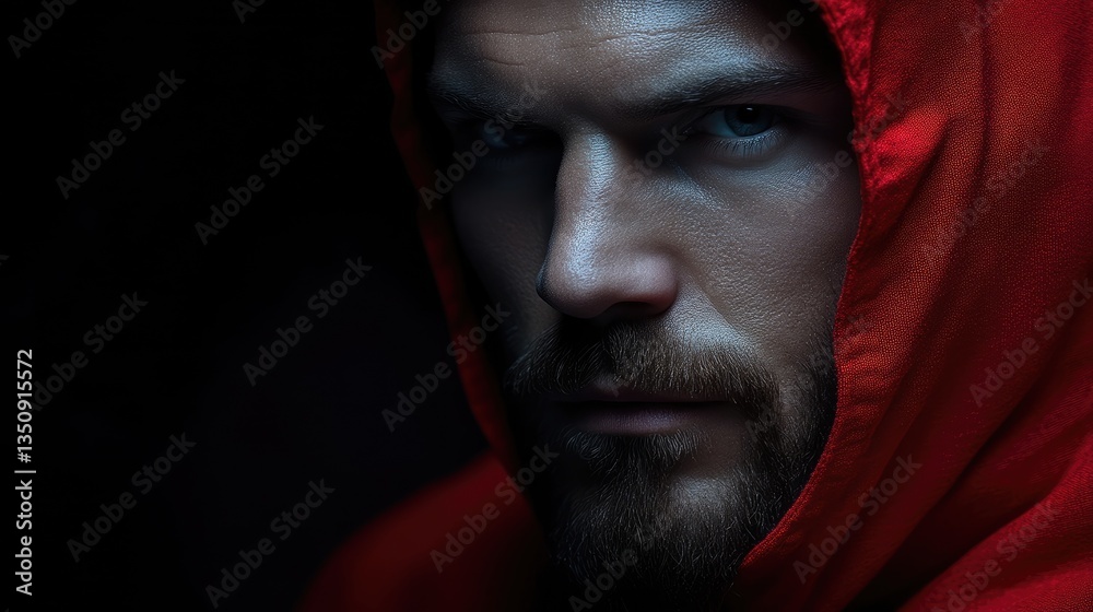 Close-up portrait of a man in a red hooded cloak, intense gaze Close-up portrait of a man in a red hooded cloak, intense gaze