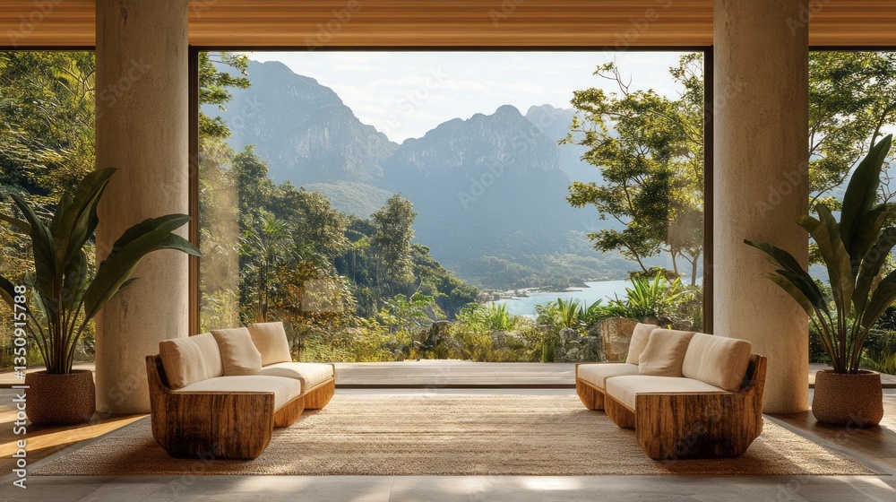 Luxurious interior overlooks a stunning mountain range and ocean view Luxurious interior overlooks a stunning mountain range and ocean view