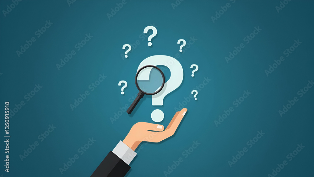 Flat Hand holding holographic question mark with magnifying glass over large question mark surrounded by smaller ones symbolizing analysis and problem solving in empty space concept as Hand holds holo