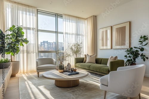 Bright and Beautiful cozy living room with natural and bright sunlight coming through windows with city landscape background outside, neutral color sofa with abstract wall art and colorful pillows