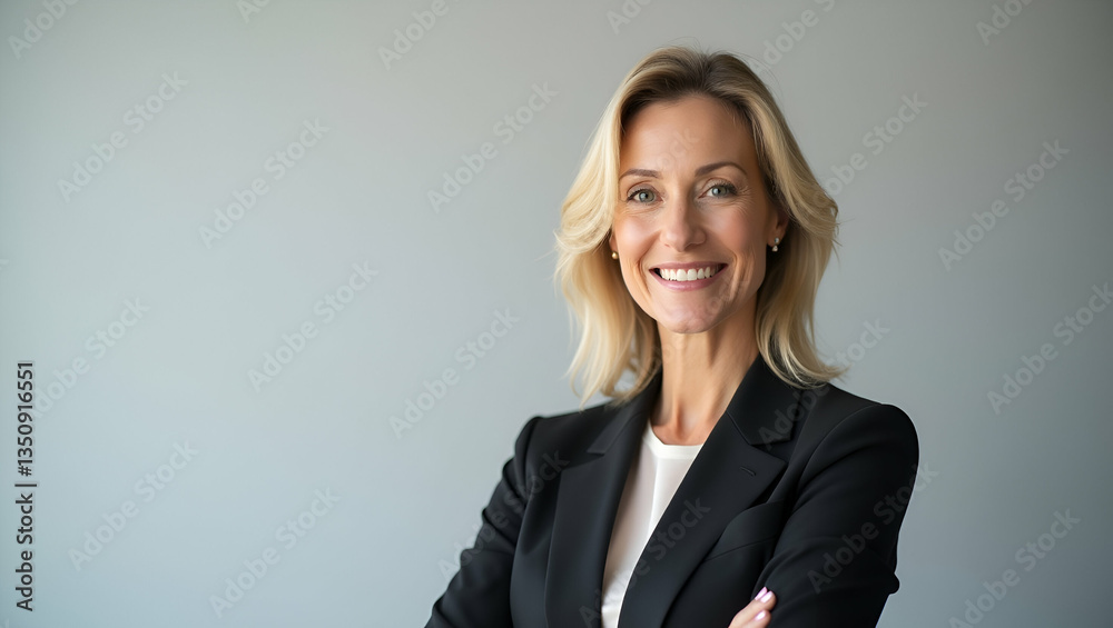 Happy Mature Female Psychologist Portrait: Smiling 50-Year-Old Businesswoman Close-Up on Grey Background Happy Mature Female Psychologist Portrait: Smiling 50-Year-Old Businesswoman Close-Up on Grey Background