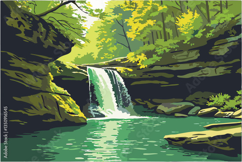 43 Serene waterfall cascading over rocky ledges, crystal clear pool reflection, lush green foliage, sunlit forest, mossy rocks, tranquil nature scene, vibrant colors, smooth water surface, long exposu