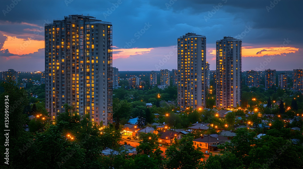 Fototapeta premium Cityscape at twilight, illuminated high-rises