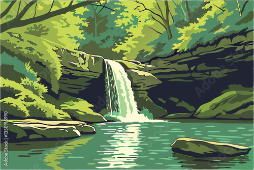 43 Serene waterfall cascading over rocky ledges, crystal clear pool reflection, lush green foliage, sunlit forest, mossy rocks, tranquil nature scene, vibrant colors, smooth water surface, long exposu