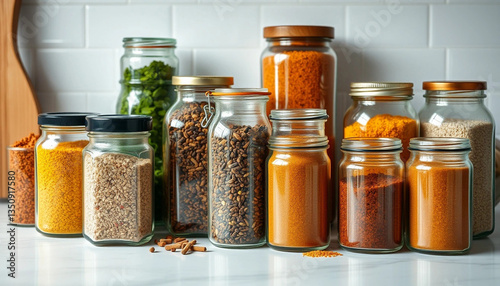 Organized Spices and Grains in Glass Jars Kitchen Storage