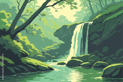43 Serene waterfall cascading over rocky ledges, crystal clear pool reflection, lush green foliage, sunlit forest, mossy rocks, tranquil nature scene, vibrant colors, smooth water surface, long exposu