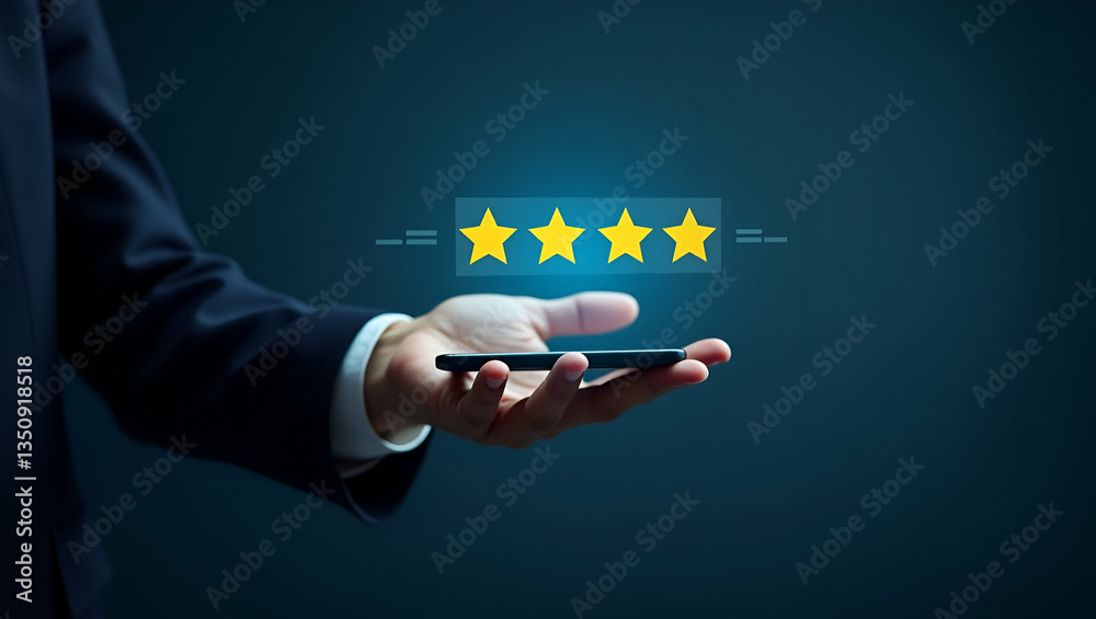 Hand Giving Five Star Rating on Holographic Feedback Interface for Customer Satisfaction on Mobile Hand Giving Five Star Rating on Holographic Feedback Interface for Customer Satisfaction on Mobile