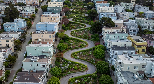 Aerial View of Lombard Street San Francisco Curvy Road with Greenery