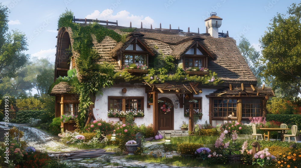 Fototapeta premium A charming cottage-style home with a thatched roof, ivy climbing up the walls, and flower-filled garden beds 