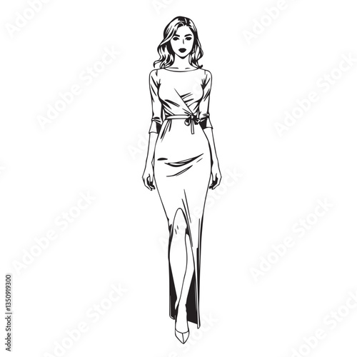 Continuous one black line art drawing woman wear stylist dress vector illustration.