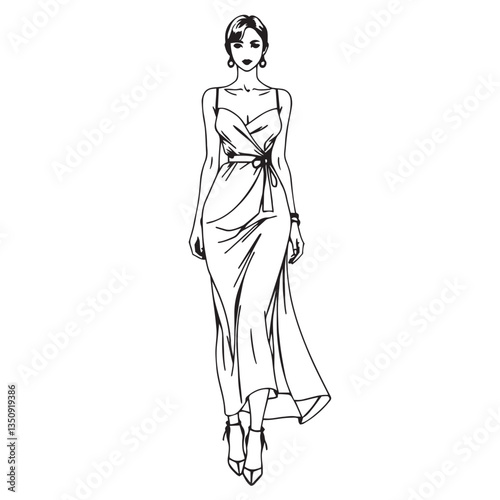 Continuous one black line art drawing woman wear stylist dress vector illustration.