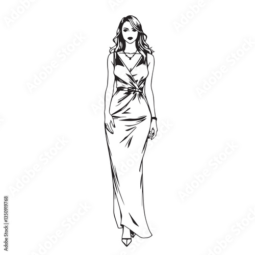 Continuous one black line art drawing woman wear stylist dress vector illustration.
