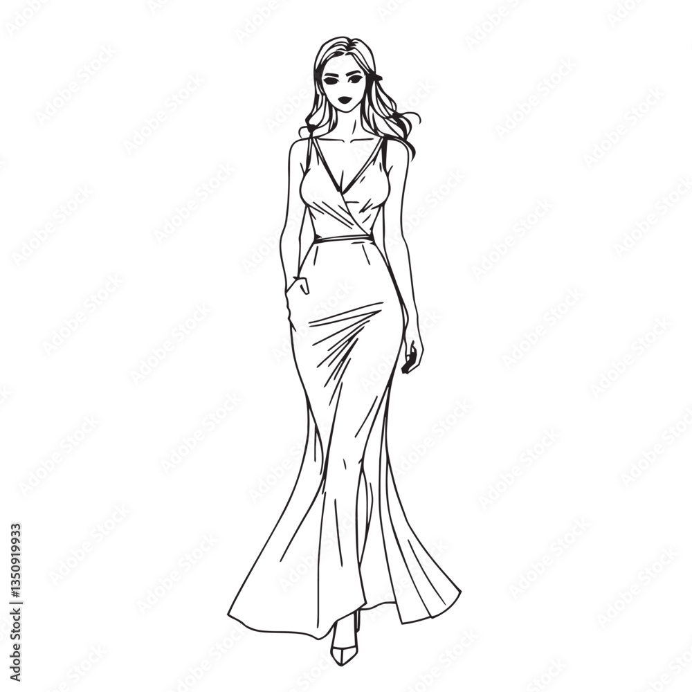 Continuous one black line art drawing woman wear stylist dress vector illustration. Continuous one black line art drawing woman wear stylist dress vector illustration.