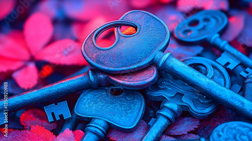 Vintage keys in vibrant leaves