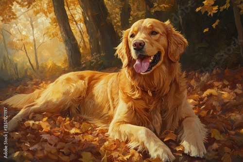 A beautiful golden retriever enjoying an autumn day in the woods