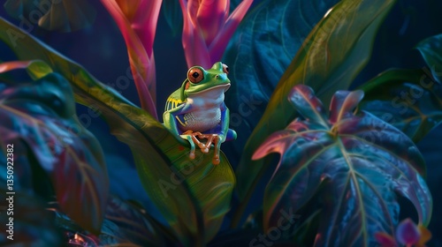 Dart frog sitting on a leaf its bright colors standing out against the dark humid jungle