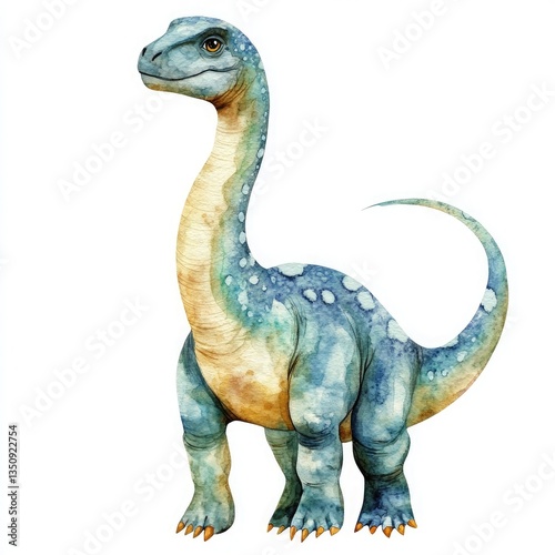 Adorable watercolor painting of a baby dinosaur. The teal and gold hues create a whimsical feel, perfect for kids' decor or educational materials.