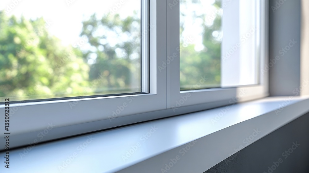 Close-up view of a modern window frame, showcasing its clean lines and sleek design. Sunlight streams in, illuminating the soft, light-grey frame against a blurred backdrop of lush green trees. Close-up view of a modern window frame, showcasing its clean lines and sleek design. Sunlight streams in, illuminating the soft, light-grey frame against a blurred backdrop of lush green trees.
