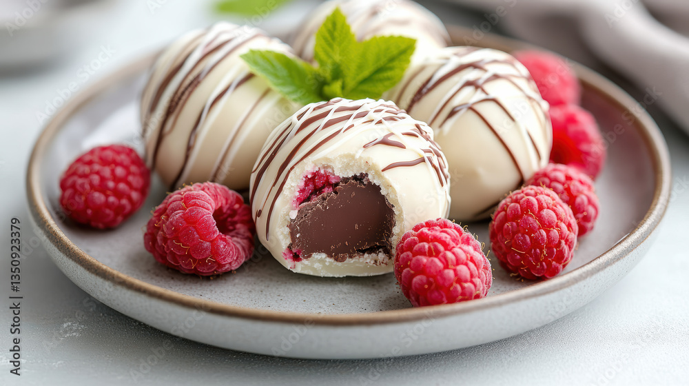 Decadent white chocolate truffles filled with creamy ganache and fresh raspberries Decadent white chocolate truffles filled with creamy ganache and fresh raspberries