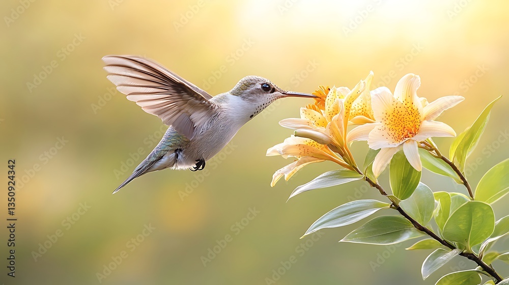 Naklejka premium Hummingbird approaches colorful flower in nature's spring setting captivating flora scene