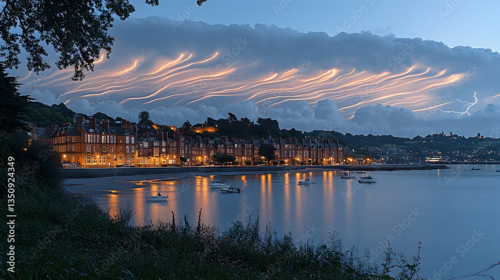 Obraz premium Coastal town at dawn with ethereal light streaks