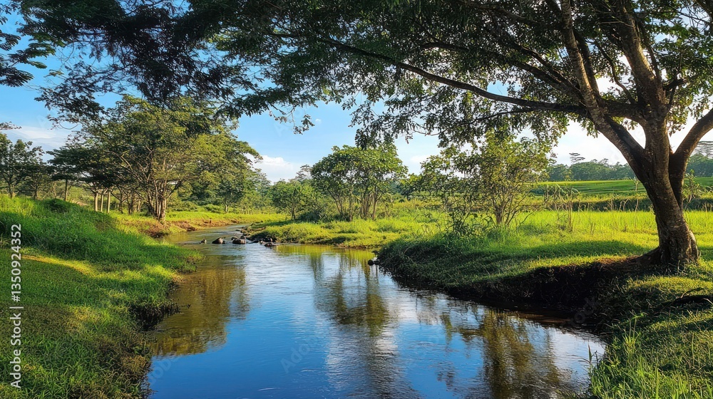 Tranquil stream meanders through lush greenery.  Peaceful rural scene under a partly sunny sky, with reflections of trees on the still water