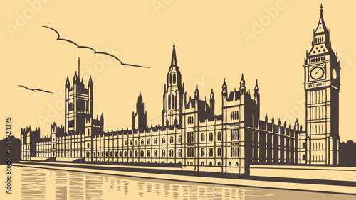 The Houses of Parliament line the riverbank, their details simplified. The minimalist style captures the timeless elegance of London, a captivating city bathed in the warm glow of dusk
