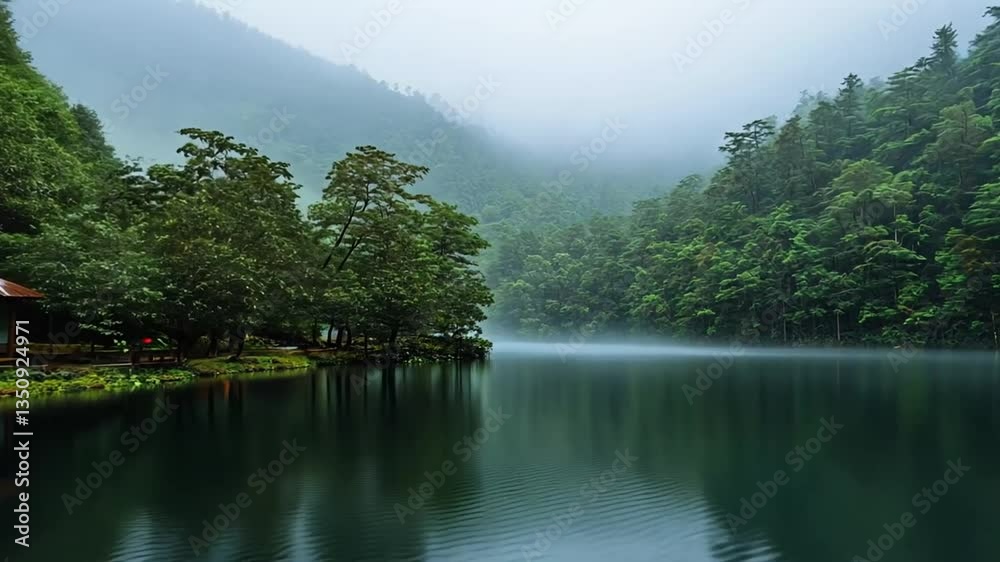 Serene lake surrounded by lush green forest and a small cabin under a misty sky. Serene lake surrounded by lush green forest and a small cabin under a misty sky.