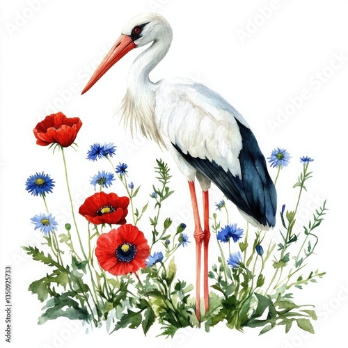 Elegant white stork standing amidst vibrant red poppies and blue cornflowers. A watercolor painting of nature's beauty.