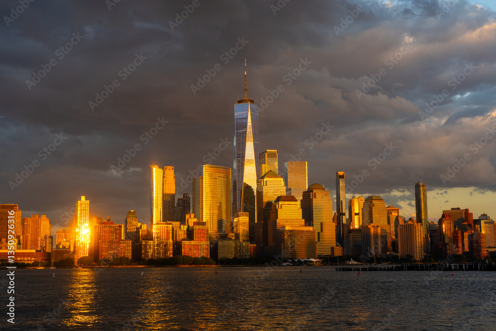 Obraz premium New York City at sunset. NYC cityscape with skyscrapers. Panoramic of New York City skyline. Manhattan skyline. New York and Hudson River. Downtown NYC. New York skyscrapers.