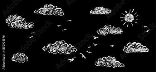 Cute cloudy sky with sun and silhouette of a flock of birds. Abstract navi background, element of kindergarten bedroom decoration. Vector illustration like kid drawing by white wax pencil