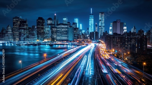 NYC Skyline at Night, Busy Highway, City Lights, Stock Photo